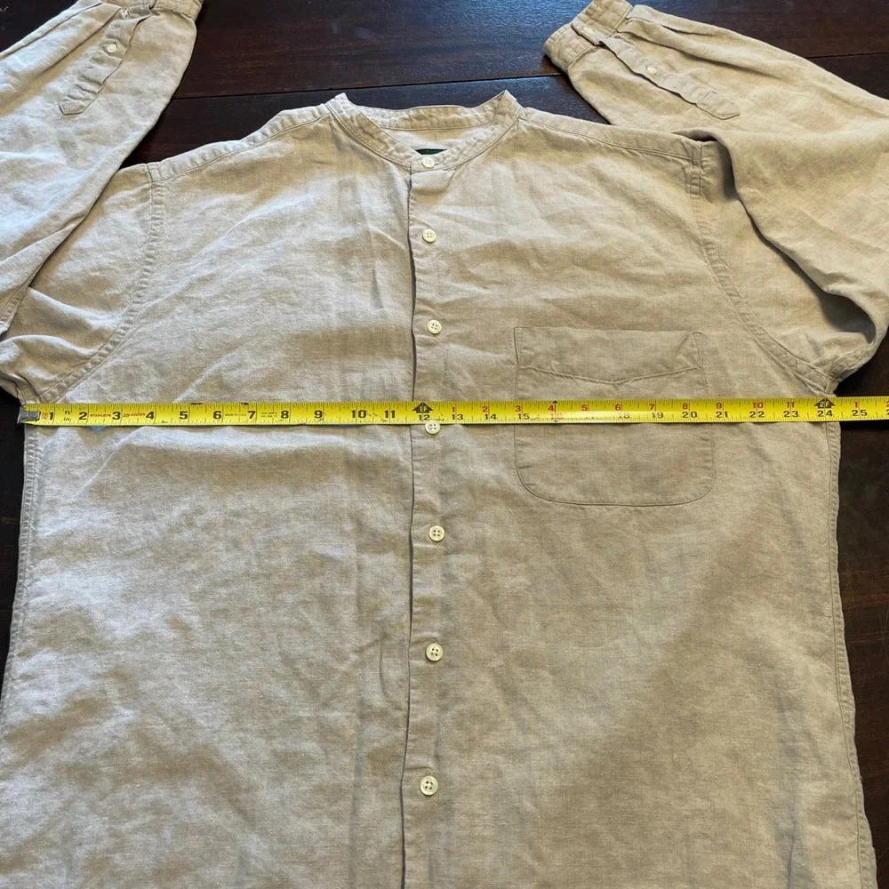 J Crew Mens Medium 100% Linen Band Collar Button Down Shirt Oatmeal Vintage